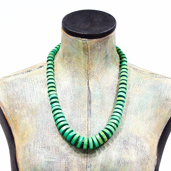 VTG 80's Green Wood Disk Necklace - Picture 1 of 2